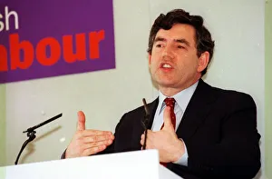 Gordon Brown at Labour Press Conference April 1999 hands out in front of him Gordon Brown at Labour Press Conference April 1999 hands out in front of him