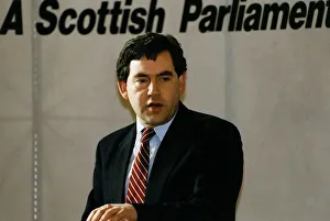 Gordon Brown MP Labour party politician speaking under devolution slogan A Scottish Gordon Brown MP Labour party politician speaking under devolution slogan A Scottish