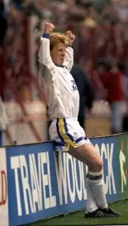00236 Collection: Gordon Strachan, captain of Leeds United FC, celebrates after scoring a goal in a first