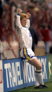 Gordon Strachan, captain of Leeds United FC, celebrates after scoring a goal in a first Gordon Strachan, captain of Leeds United FC, celebrates after scoring a goal in a first