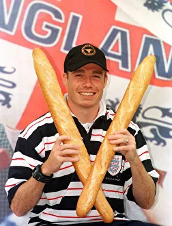 Graeme Le Saux at England press conference June 1998 with baguettes prior to match Graeme Le Saux at England press conference June 1998 with baguettes prior to match
