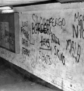 Graffiti in the subway beneath Middlesbrough railway station. October 1972 Graffiti in the subway beneath Middlesbrough railway station. October 1972