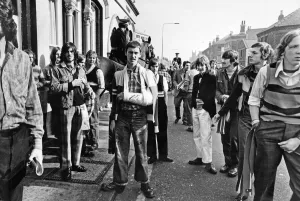 Group of football supporters gathered in the streets of Liverpool on their way to watch Group of football supporters gathered in the streets of Liverpool on their way to watch