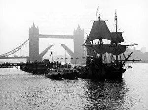 Half scale model of The Golden Hind moored at Tower Pier for three weeks to be fitted out Half scale model of The Golden Hind moored at Tower Pier for three weeks to be fitted out