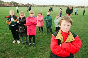 Hands off our playing field. Defiant youngsters, schoolchildren from Saltscar School Hands off our playing field. Defiant youngsters, schoolchildren from Saltscar School