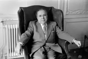 Harry Saltzman, co-producer of the Bond films, in his London Office Seotember 1975 Harry Saltzman, co-producer of the Bond films, in his London Office Seotember 1975