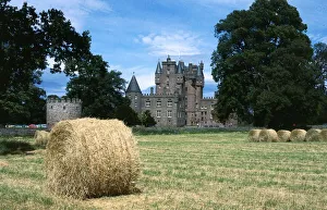Haymaking at Glamis Castle Fife Scotland July 1984 Hay bails in field Haymaking at Glamis Castle Fife Scotland July 1984 Hay bails in field