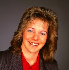 Hazel Irvine TV presenter November 1987 wearing red scarf Hazel Irvine TV presenter November 1987 wearing red scarf