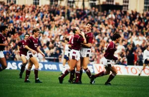 Hearts players celebrate goal November 1989 Hearts players celebrate goal November 1989