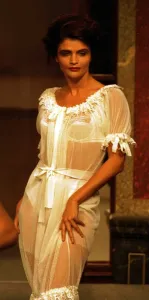 Helena Christensen modelling Vivienne Westwood creation on Paris catwalk Helena Christensen modelling Vivienne Westwood creation on Paris catwalk