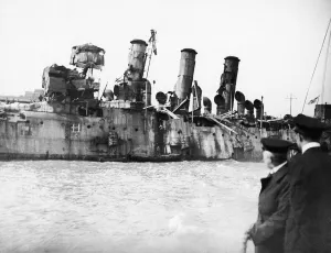 HMS Vindictive an Arrogant class cruiser seen here on 24th April 1918 after she was in HMS Vindictive an Arrogant class cruiser seen here on 24th April 1918 after she was in