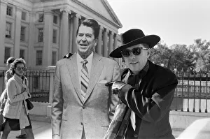 Holly Johnson posing outside the White House with a full-size cutout of Ronald Reagan Holly Johnson posing outside the White House with a full-size cutout of Ronald Reagan