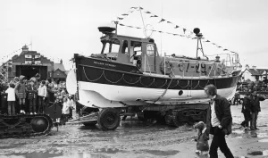 The Hoylake lifeboat Mary Gabriel displayed on the beach for visitors at the Hoylake The Hoylake lifeboat Mary Gabriel displayed on the beach for visitors at the Hoylake