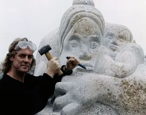 Hugh Collins sculptor with sculpture of mother and child. February 1997 Hugh Collins sculptor with sculpture of mother and child. February 1997