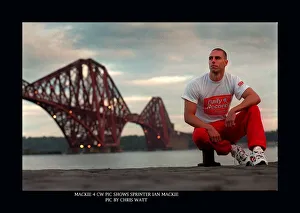 Ian Mackie Scottish 100 metres sprinter wearing a Daily Record T shirt with the Forth Ian Mackie Scottish 100 metres sprinter wearing a Daily Record T shirt with the Forth