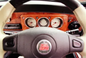 Interior dashboard and steering wheel of a Mini Cooper, May 1999 Interior dashboard and steering wheel of a Mini Cooper, May 1999