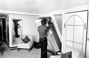 Interior view showing one of the bedrooms aboard the luxury passenger liner QE2 Interior view showing one of the bedrooms aboard the luxury passenger liner QE2