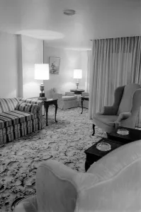 Interior view showing one of the cabin living rooms aboard the luxury passenger liner QE2 Interior view showing one of the cabin living rooms aboard the luxury passenger liner QE2
