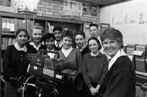 Interviewer Anne Mountfield with youngsters destined to appear on TV Interviewer Anne Mountfield with youngsters destined to appear on TV
