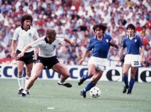 Italy v West Germany World Cup 1982 football Briegel, Conti, Breitner, Rossi Italy v West Germany World Cup 1982 football Briegel, Conti, Breitner, Rossi
