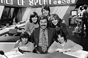 ITV's World of Sport presenter Dickie Davies with five women who work with ITV's World of Sport presenter Dickie Davies with five women who work with