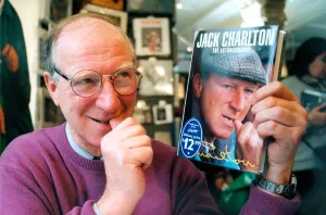 Jack Charlton with his autobiography in November 1996 Jack Charlton with his autobiography in November 1996