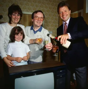 Jack McLaughlin television presenter February 1989 pouring champagne with an unnamed Jack McLaughlin television presenter February 1989 pouring champagne with an unnamed