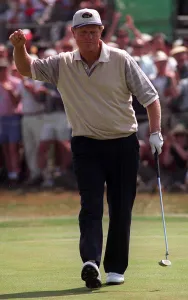 Jack Nicklaus Golfer celebrates after putting a birdie on the 13th during the second Jack Nicklaus Golfer celebrates after putting a birdie on the 13th during the second
