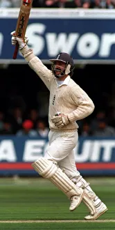 Jack Russell of England celebrates his century in the Second Test Match against India at Jack Russell of England celebrates his century in the Second Test Match against India at