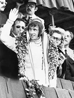 Jackie Stewart Grand Prix driver 1971 celebrates victory in the Spanish Grand Prix Jackie Stewart Grand Prix driver 1971 celebrates victory in the Spanish Grand Prix