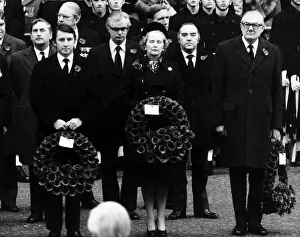 James Callaghan with Dr David Steel and Margaret Thatcher all holding wreaths during James Callaghan with Dr David Steel and Margaret Thatcher all holding wreaths during