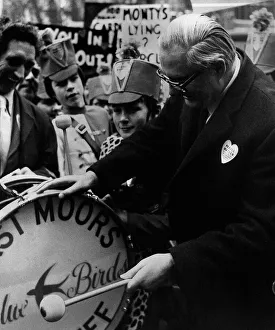 James Callaghan Labour MP bangs the drum of 14 year old Drummer Clive Fairclough 1974 James Callaghan Labour MP bangs the drum of 14 year old Drummer Clive Fairclough 1974