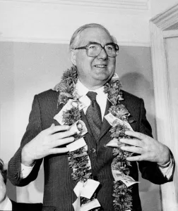 James Callaghan wearing garland of flowers and money in Brentford - April 1979 James Callaghan wearing garland of flowers and money in Brentford - April 1979