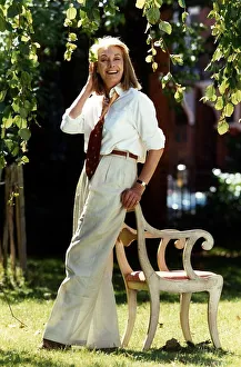 Jean Marsh actress standing in garden resting on back of chair, September 1989 Jean Marsh actress standing in garden resting on back of chair, September 1989