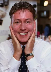 Jim White with his hands on his face after having moustache shaved off August 1988 Jim White with his hands on his face after having moustache shaved off August 1988