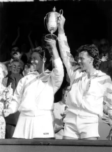 Jo Durie and Jeremy Bates win the mixed doubles for Britain. July 1987 P017156 Jo Durie and Jeremy Bates win the mixed doubles for Britain. July 1987 P017156