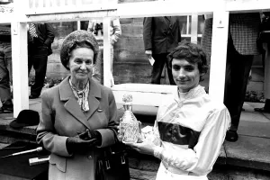 Jockey Walter Swinburn receives a winners trophy at Gosforth Park Racecourse, Newcastle Jockey Walter Swinburn receives a winners trophy at Gosforth Park Racecourse, Newcastle