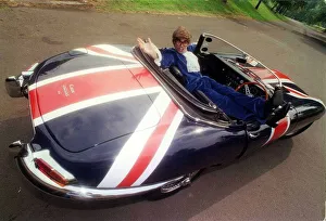 John Dingwall dressed as Austin Powers in E Type Jaguar car September 1999 Union Jack John Dingwall dressed as Austin Powers in E Type Jaguar car September 1999 Union Jack
