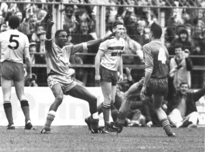 John Fashanu celebrates his winning goal that puts Wimbledon into the semi finals of John Fashanu celebrates his winning goal that puts Wimbledon into the semi finals of
