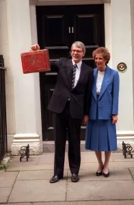 John Major holding Budget Box at 11 Downing Street 1990 with wife Norma John Major holding Budget Box at 11 Downing Street 1990 with wife Norma