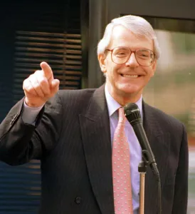John Major Prime Minister points and laughs during a speech on a visit to Perth John Major Prime Minister points and laughs during a speech on a visit to Perth