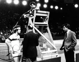 John McEnroe at Wembley 1979 having a discussion with the umpire John McEnroe at Wembley 1979 having a discussion with the umpire