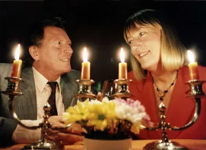 Johnny Briggs Actor with Hilary Bonner Daily Mirror Journalist dining by candlelight at Johnny Briggs Actor with Hilary Bonner Daily Mirror Journalist dining by candlelight at