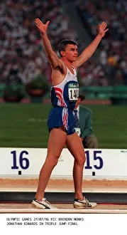 Jonathan Edwards during the triple jump in the Olympic Games in Atlanta where he won Jonathan Edwards during the triple jump in the Olympic Games in Atlanta where he won