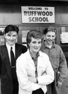 Karen Wilson with Carl Graham (left) and John Bride, pupils at Ruffwood Comprehensive Karen Wilson with Carl Graham (left) and John Bride, pupils at Ruffwood Comprehensive