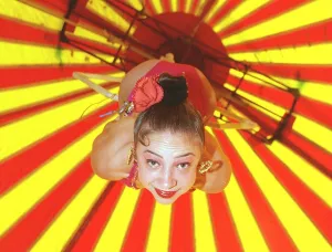 Katy Baldock Circus Performer September 1999 training practising on trapeze in Katy Baldock Circus Performer September 1999 training practising on trapeze in