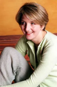 Kaye Adams TV presenter February 1999 wearing green cardigan linen trousers Kaye Adams TV presenter February 1999 wearing green cardigan linen trousers