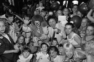 Ken Dodd joins forces with Jimbo the clown and the kids at the Albert Dock Ken Dodd joins forces with Jimbo the clown and the kids at the Albert Dock