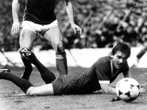 Kenny Dalglish watches his header go wide of the goal post during the Liverpool v Ipswich Kenny Dalglish watches his header go wide of the goal post during the Liverpool v Ipswich