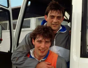 Kevin Drinkell & Ally McCoist at bus entrance April 1989 Kevin Drinkell & Ally McCoist at bus entrance April 1989